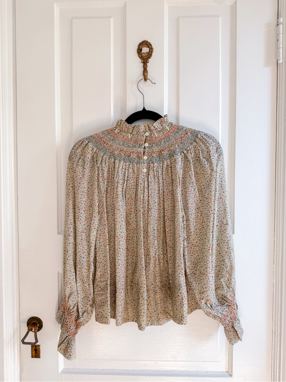Doen Smocked Floral Blouse in Cream with Pink and Green Accents - Picture 7 of 9